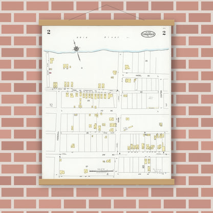 Old map wall art mockup — magnetic wood frame on brick wall — Sanborn Fire Insurance Map from Coraopolis, Allegheny County, Pennsylvania (1924), Sheet #0002