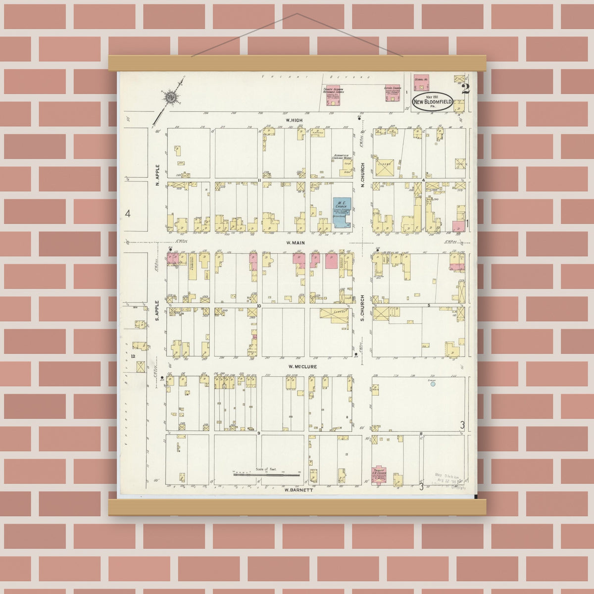 Old map wall art mockup — magnetic wood frame on brick wall — Sanborn Fire Insurance Map from New Bloomfield, Perry County, Pennsylvania (1911), Sheet #0002