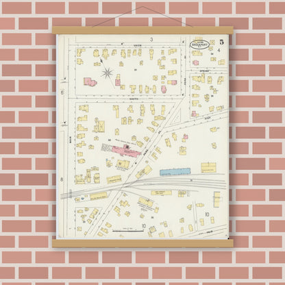 Old map wall art mockup — magnetic wood frame on brick wall — Sanborn Fire Insurance Map from Brockport, Monroe County, New York (1898), Sheet #0005