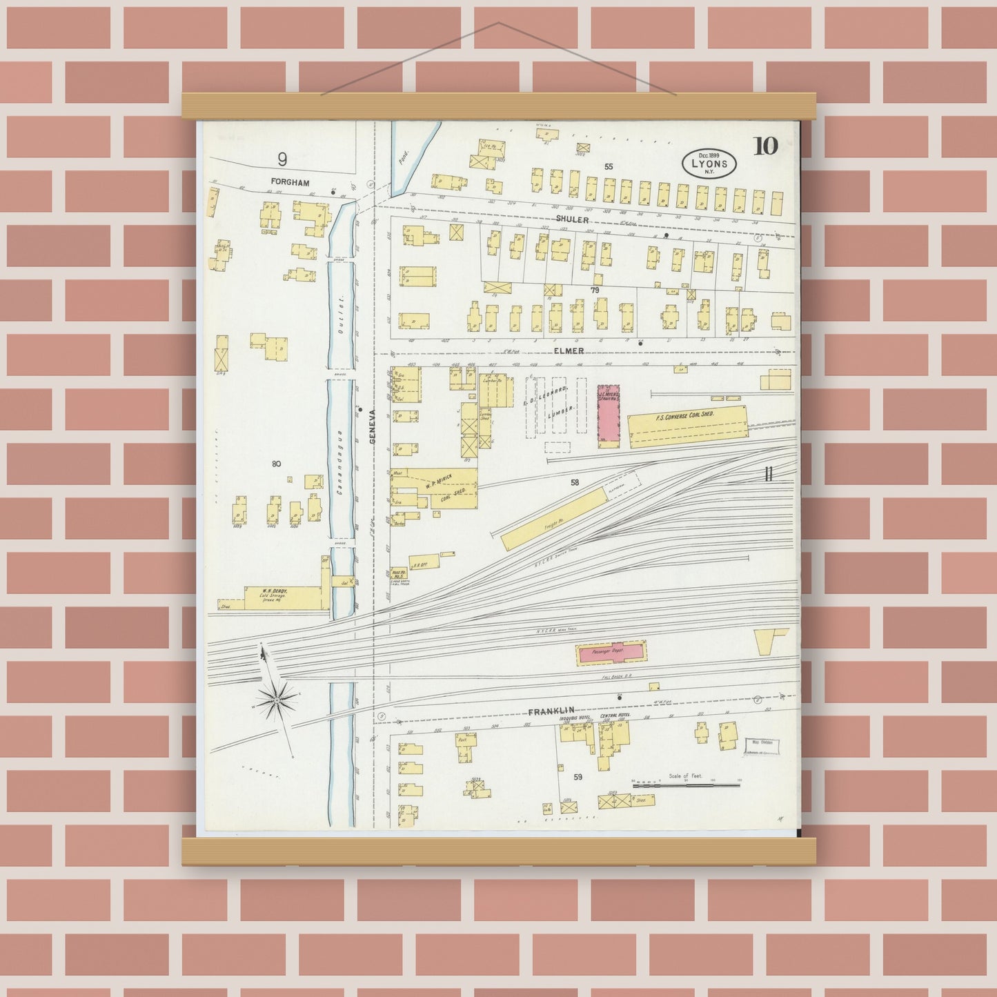 Old map wall art mockup — magnetic wood frame on brick wall — Sanborn Fire Insurance Map from Lyons, Wayne County, New York (1899), Sheet #0010