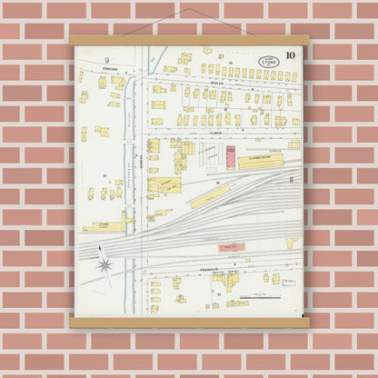 Old map wall art mockup — magnetic wood frame on brick wall — Sanborn Fire Insurance Map from Lyons, Wayne County, New York (1899), Sheet #0010