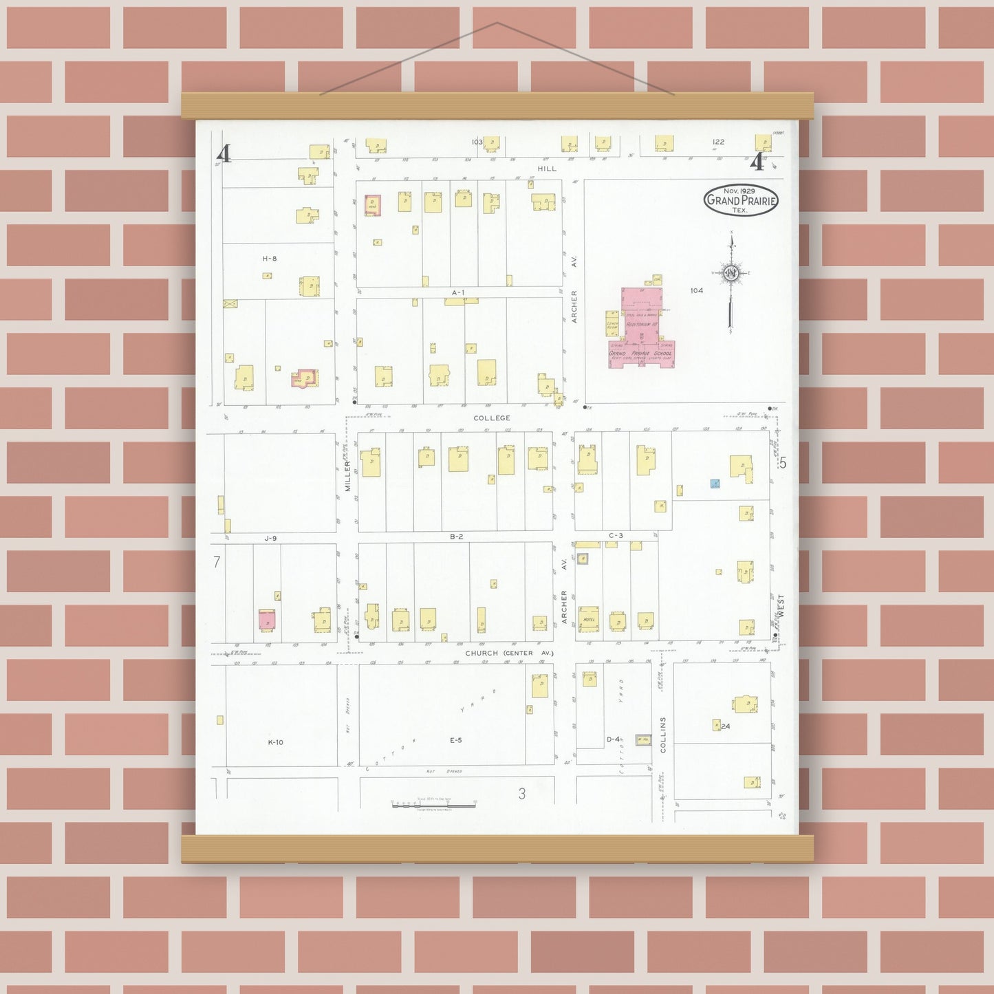 Old map wall art mockup — magnetic wood frame on brick wall — Sanborn Fire Insurance Map from Grand Prairie, Dallas County, Texas (1929), Sheet #0004