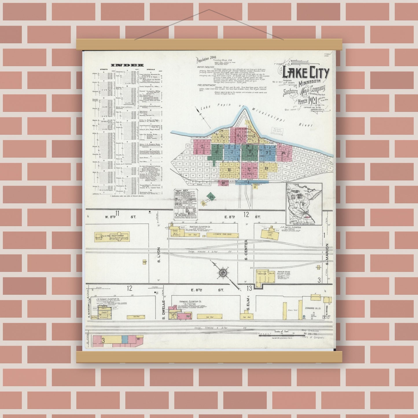 Old map wall art mockup — magnetic wood frame on brick wall — Sanborn Fire Insurance Map from Lake City, Wabasha County, Minnesota (1921) - Complete Map Set