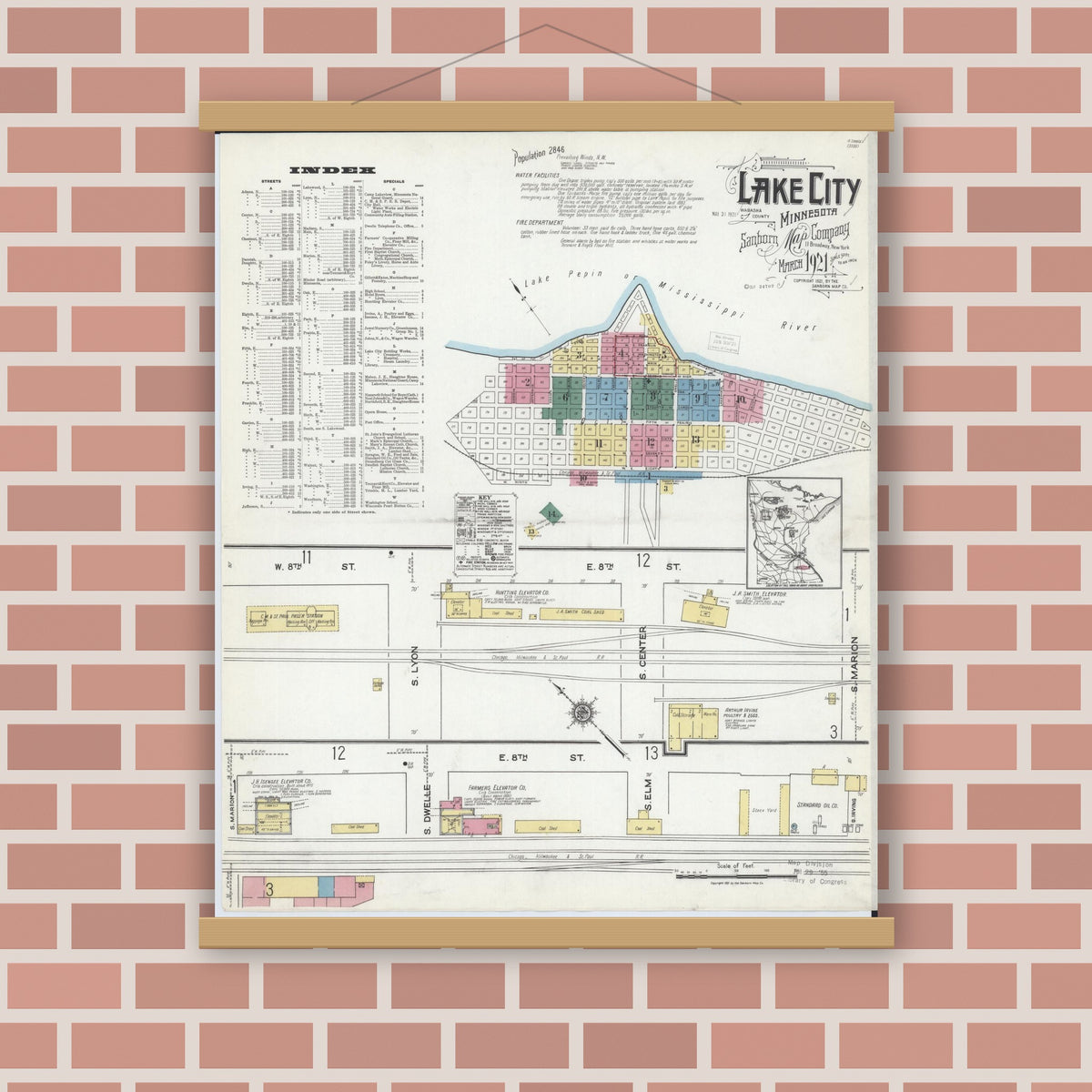 Old map wall art mockup — magnetic wood frame on brick wall — Sanborn Fire Insurance Map from Lake City, Wabasha County, Minnesota (1921) - Complete Map Set