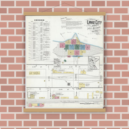 Old map wall art mockup — magnetic wood frame on brick wall — Sanborn Fire Insurance Map from Lake City, Wabasha County, Minnesota (1921) - Complete Map Set