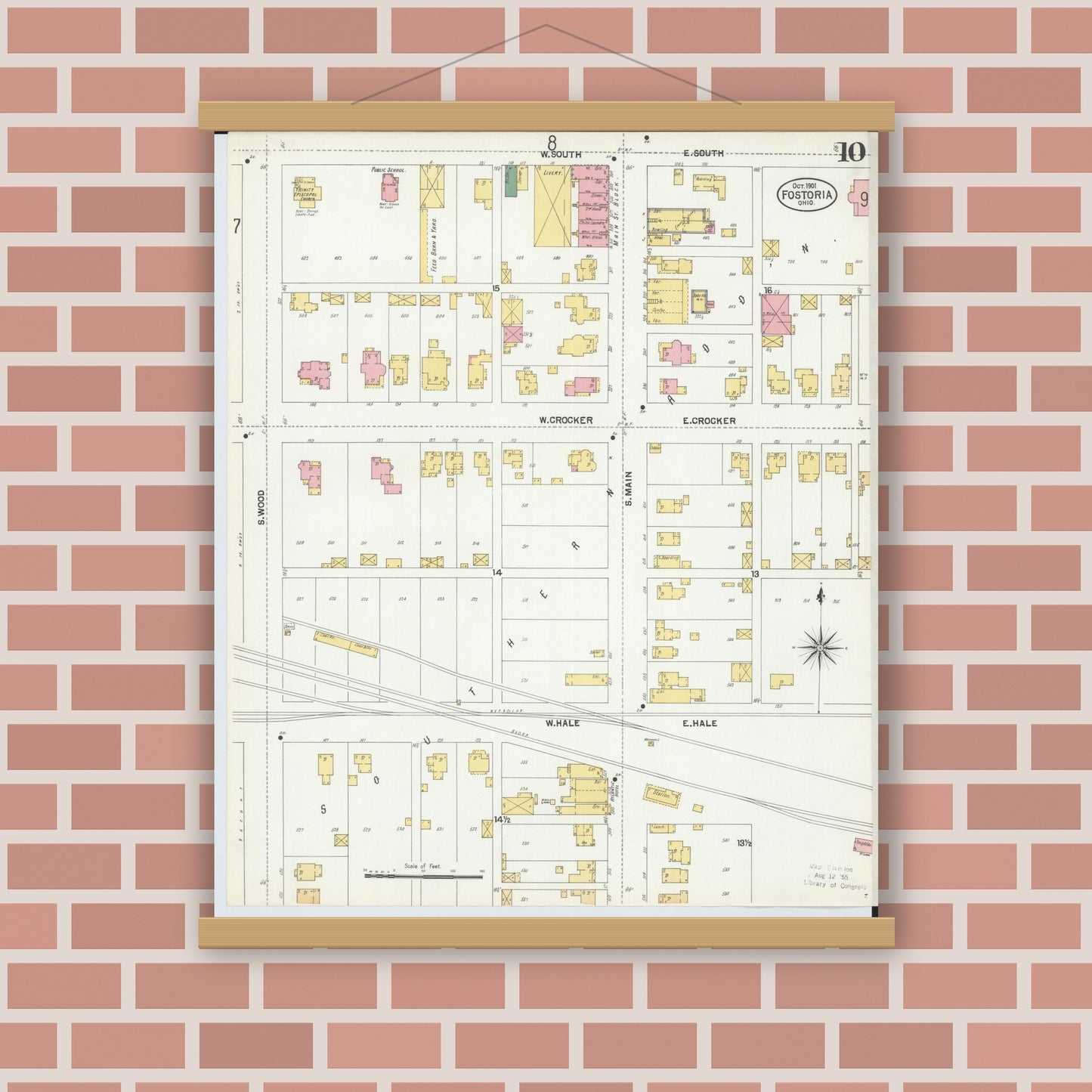 Old map wall art mockup — magnetic wood frame on brick wall — Sanborn Fire Insurance Map from Fostoria, Seneca, Hancock, And Wood Counties, Ohio (1901), Sheet #0010