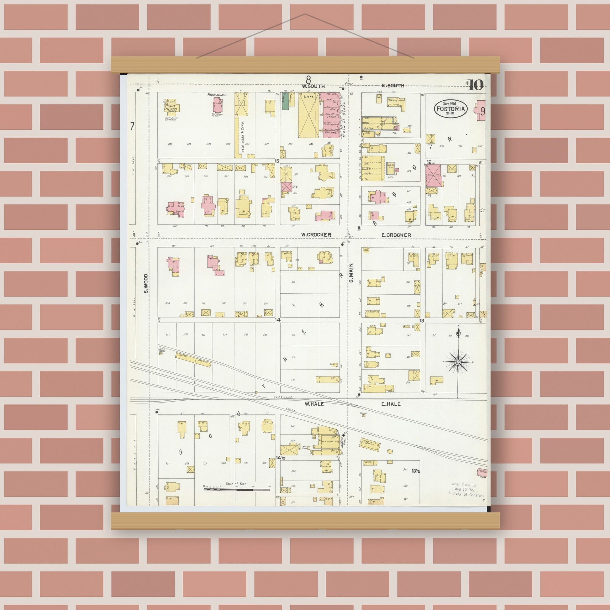 Old map wall art mockup — magnetic wood frame on brick wall — Sanborn Fire Insurance Map from Fostoria, Seneca, Hancock, And Wood Counties, Ohio (1901), Sheet #0010