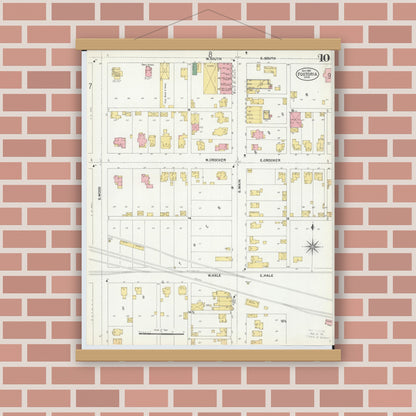 Old map wall art mockup — magnetic wood frame on brick wall — Sanborn Fire Insurance Map from Fostoria, Seneca, Hancock, And Wood Counties, Ohio (1901), Sheet #0010