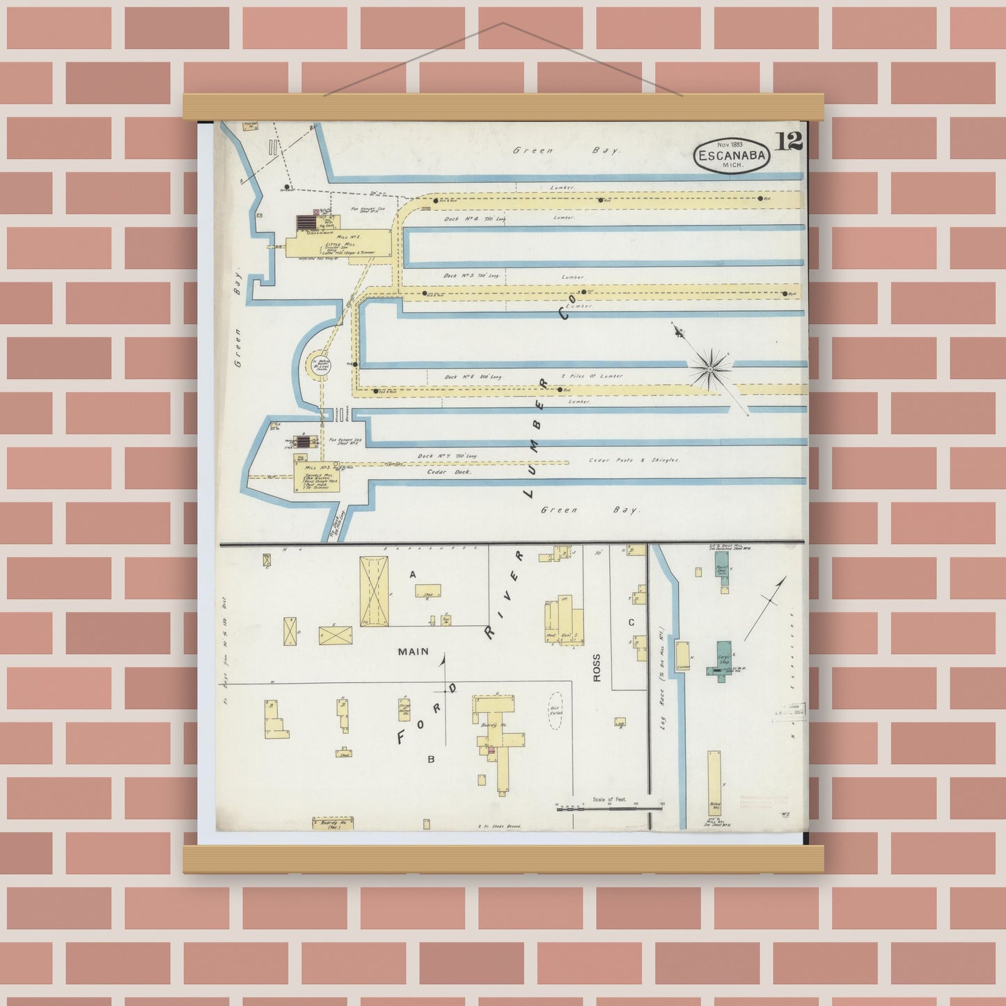 Old map wall art mockup — magnetic wood frame on brick wall — Sanborn Fire Insurance Map from Escanaba, Delta County, Michigan (1893), Sheet #0012
