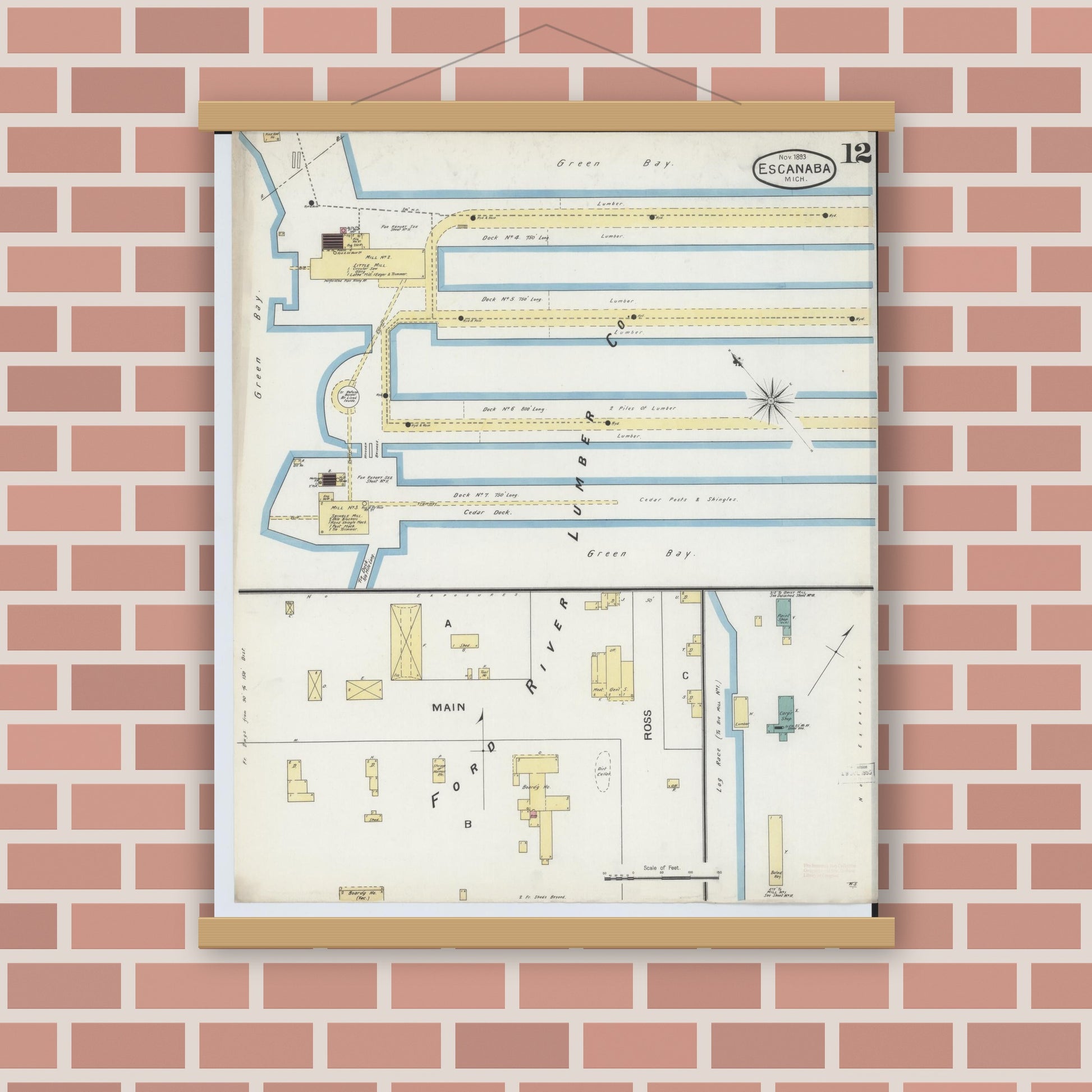 Old map wall art mockup — magnetic wood frame on brick wall — Sanborn Fire Insurance Map from Escanaba, Delta County, Michigan (1893), Sheet #0012