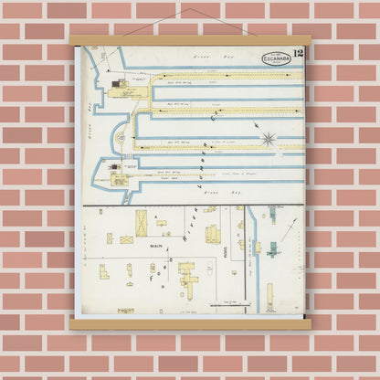 Old map wall art mockup — magnetic wood frame on brick wall — Sanborn Fire Insurance Map from Escanaba, Delta County, Michigan (1893), Sheet #0012