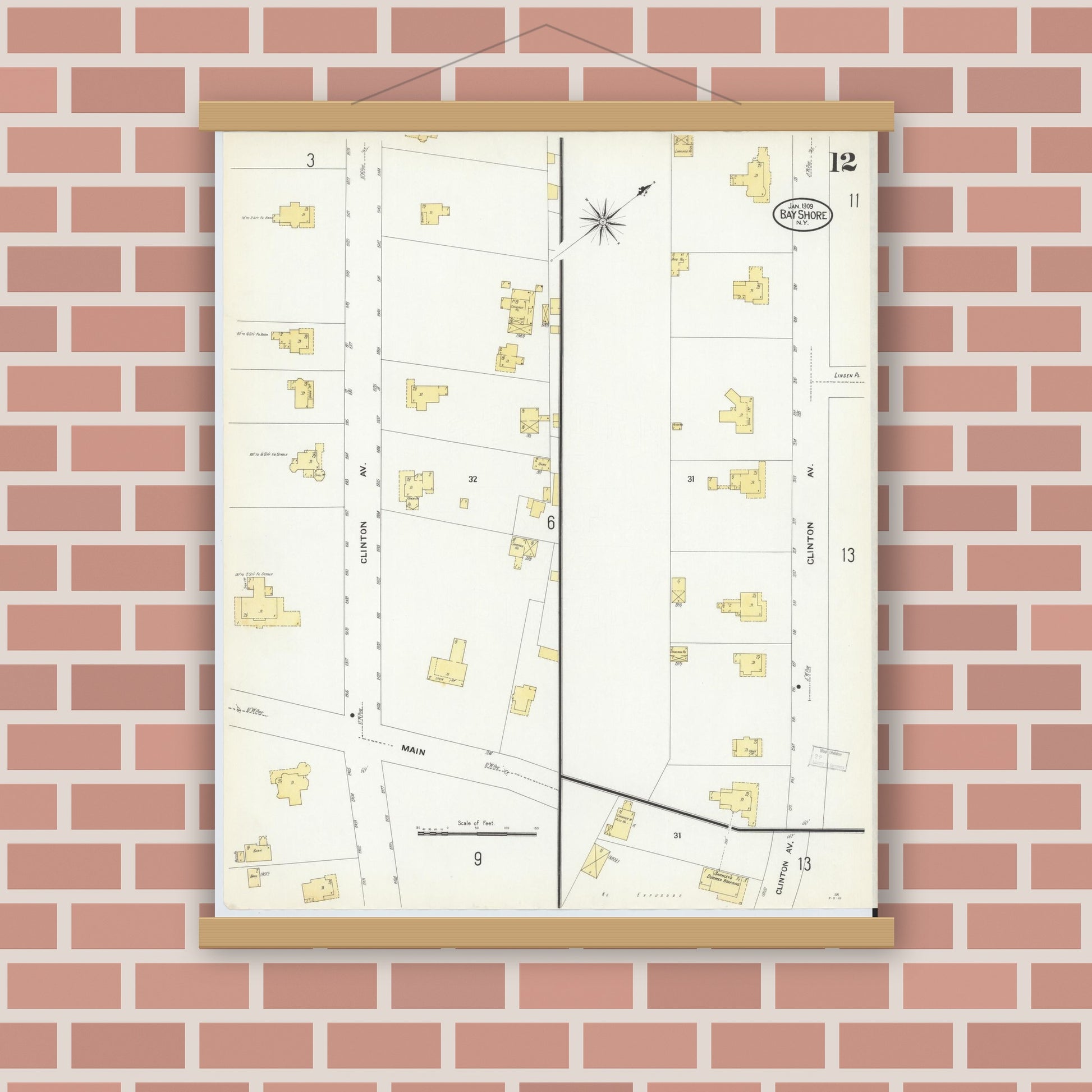 Old map wall art mockup — magnetic wood frame on brick wall — Sanborn Fire Insurance Map from Bay Shore, Suffolk County, New York (1909), Sheet #0012