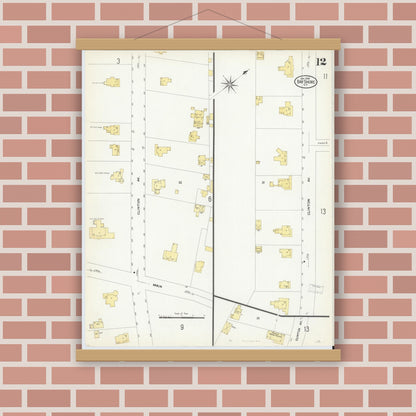Old map wall art mockup — magnetic wood frame on brick wall — Sanborn Fire Insurance Map from Bay Shore, Suffolk County, New York (1909), Sheet #0012