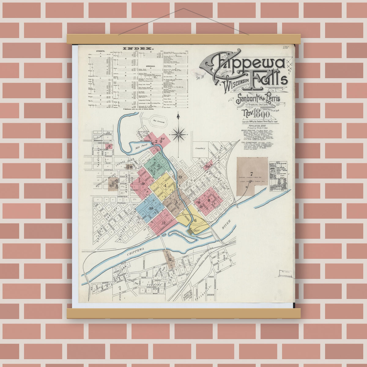 Old map wall art mockup — magnetic wood frame on brick wall — Sanborn Fire Insurance Map from Chippewa Falls, Chippewa County, Wisconsin (1890) - Complete Map Set