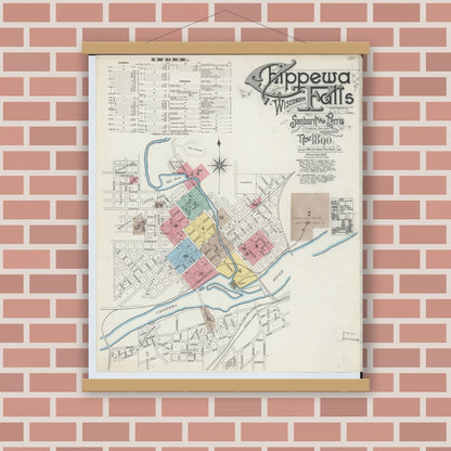 Old map wall art mockup — magnetic wood frame on brick wall — Sanborn Fire Insurance Map from Chippewa Falls, Chippewa County, Wisconsin (1890) - Complete Map Set