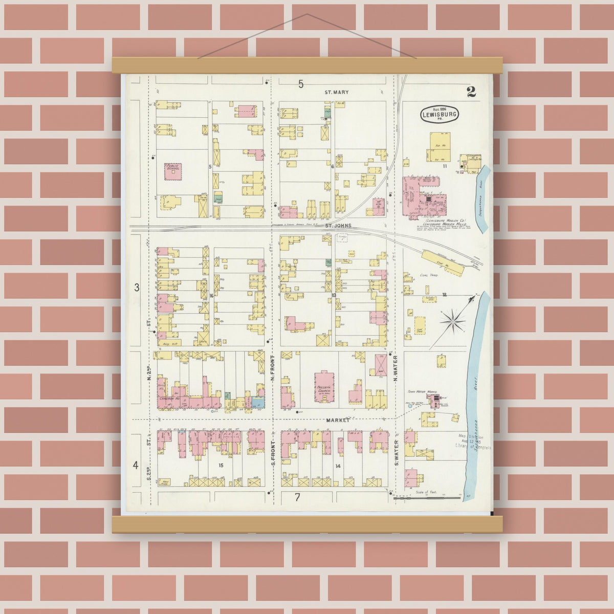 Old map wall art mockup — magnetic wood frame on brick wall — Sanborn Fire Insurance Map from Lewisburg, Union County, Pennsylvania (1896), Sheet #0002