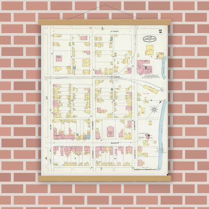 Old map wall art mockup — magnetic wood frame on brick wall — Sanborn Fire Insurance Map from Lewisburg, Union County, Pennsylvania (1896), Sheet #0002