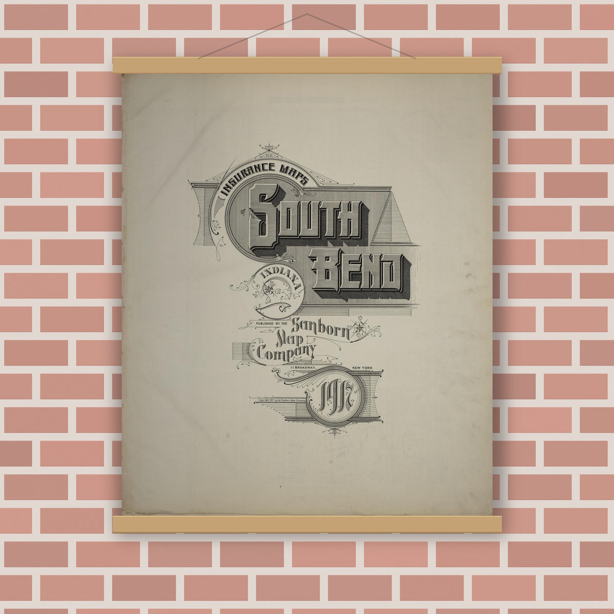 Old map wall art mockup — magnetic wood frame on brick wall — Sanborn Fire Insurance Map from South Bend, Saint Joseph County, Indiana (1917), Sheet #0001
