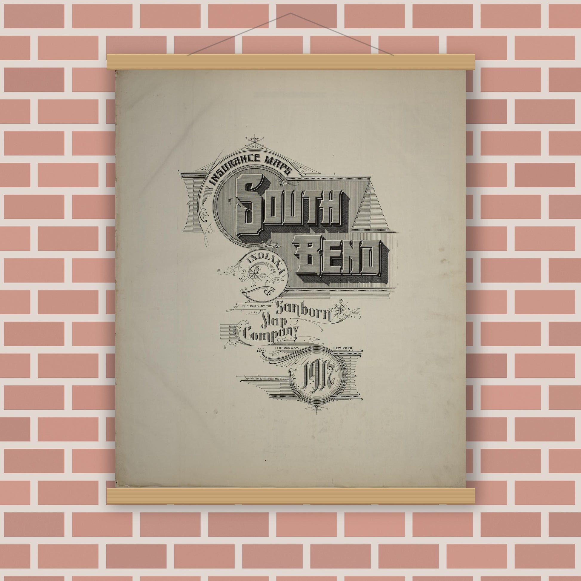 Old map wall art mockup — magnetic wood frame on brick wall — Sanborn Fire Insurance Map from South Bend, Saint Joseph County, Indiana (1917), Sheet #0001