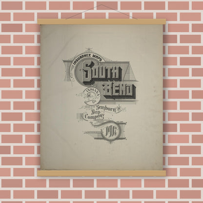 Old map wall art mockup — magnetic wood frame on brick wall — Sanborn Fire Insurance Map from South Bend, Saint Joseph County, Indiana (1917), Sheet #0001