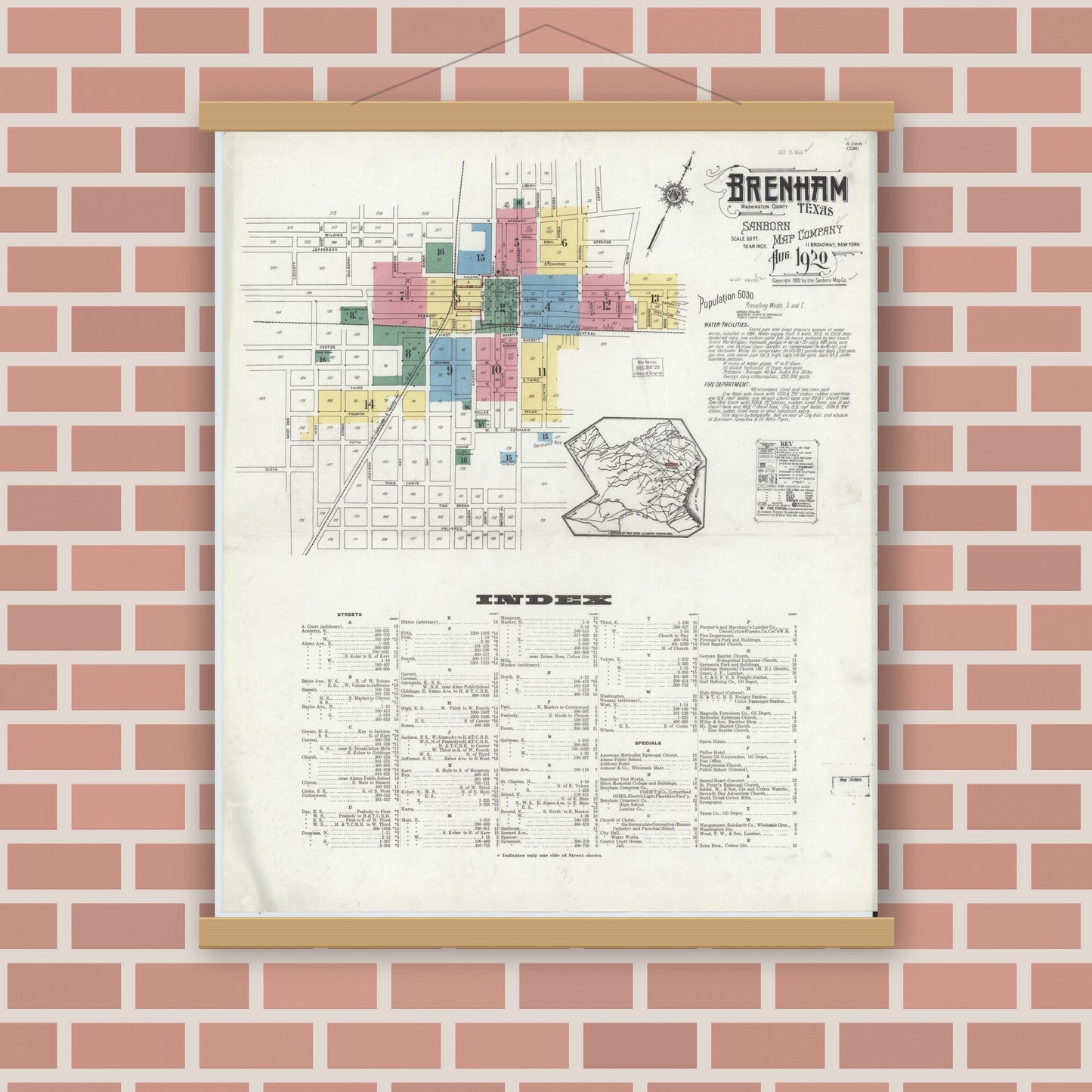 Old map wall art mockup — magnetic wood frame on brick wall — Sanborn Fire Insurance Map from Brenham, Washington County, Texas (1920), Sheet #0001