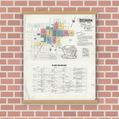 Old map wall art mockup — magnetic wood frame on brick wall — Sanborn Fire Insurance Map from Brenham, Washington County, Texas (1920), Sheet #0001