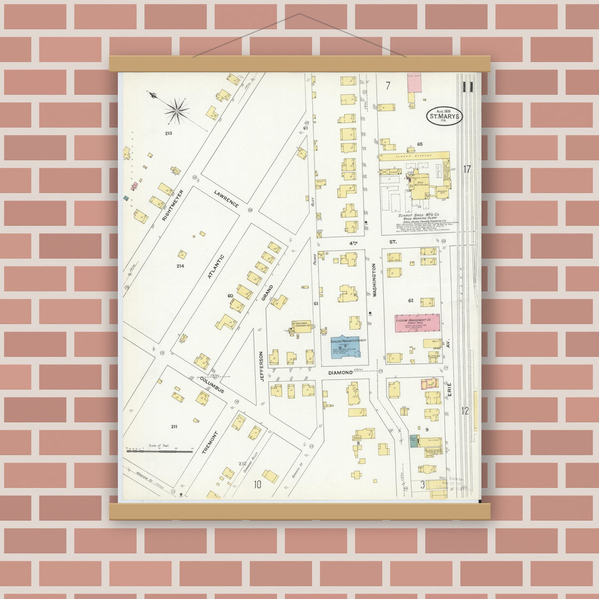 Old map wall art mockup — magnetic wood frame on brick wall — Sanborn Fire Insurance Map from Saint Marys, Elk County, Pennsylvania (1909), Sheet #0011