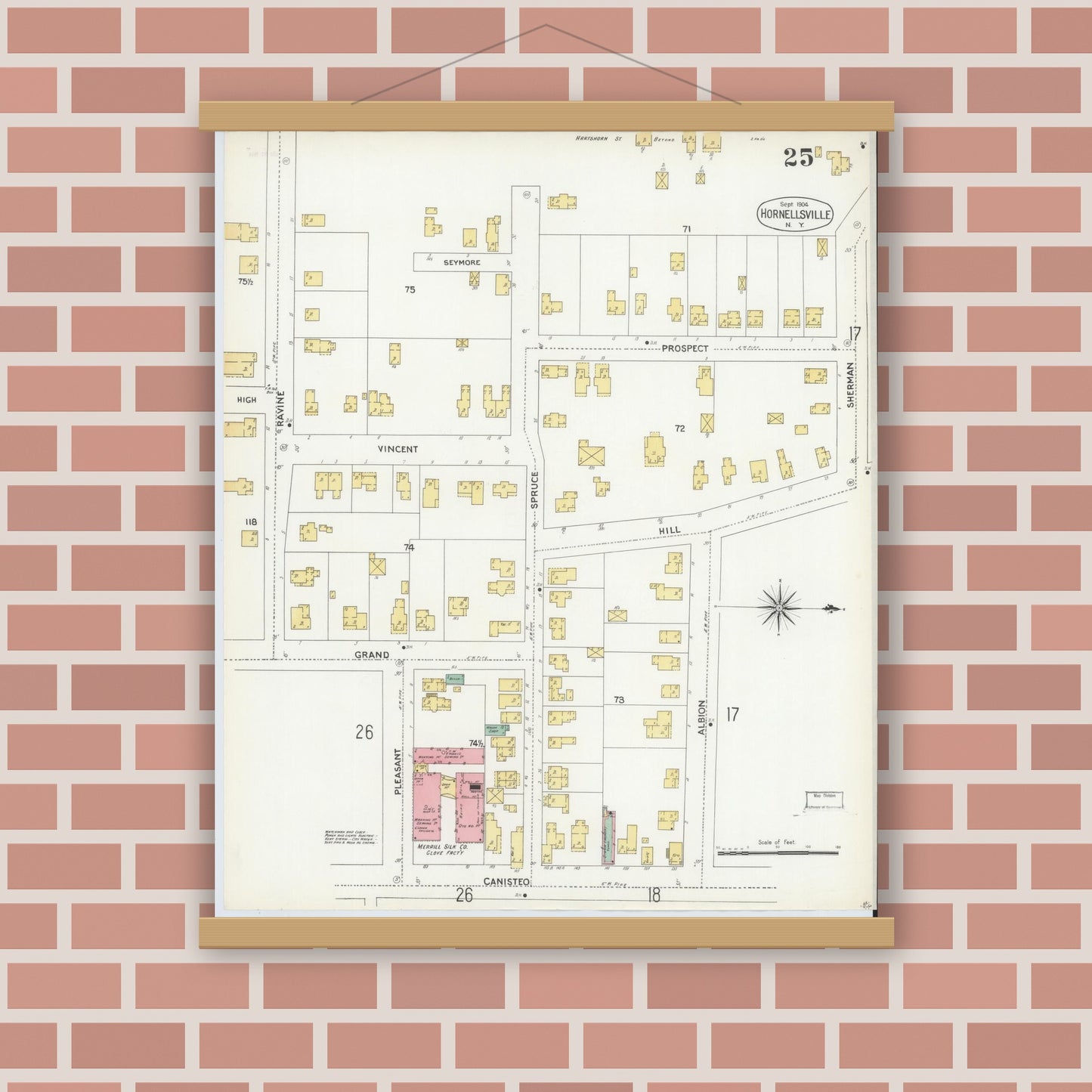 Old map wall art mockup — magnetic wood frame on brick wall — Sanborn Fire Insurance Map from Hornell, Steuben County, New York (1904), Sheet #0025