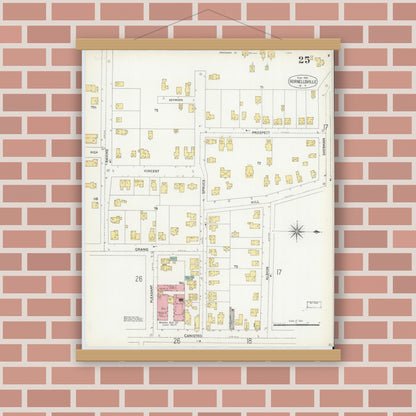 Old map wall art mockup — magnetic wood frame on brick wall — Sanborn Fire Insurance Map from Hornell, Steuben County, New York (1904), Sheet #0025