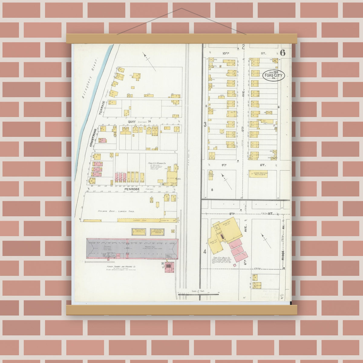 Old map wall art mockup — magnetic wood frame on brick wall — Sanborn Fire Insurance Map from Ford City, Armstrong County, Pennsylvania (1904), Sheet #0006