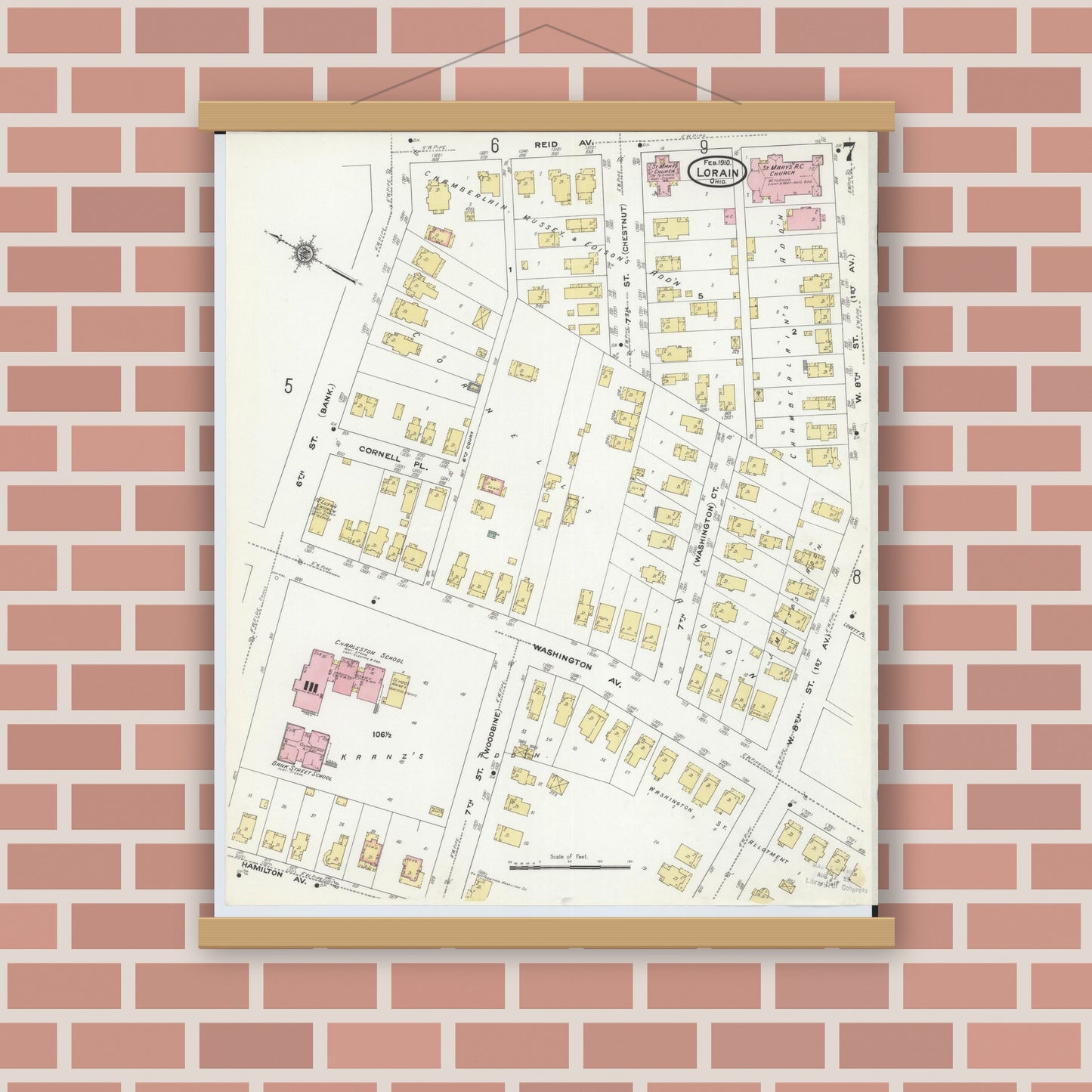 Old map wall art mockup — magnetic wood frame on brick wall — Sanborn Fire Insurance Map from Lorain, Lorain County, Ohio (1910), Sheet #0007