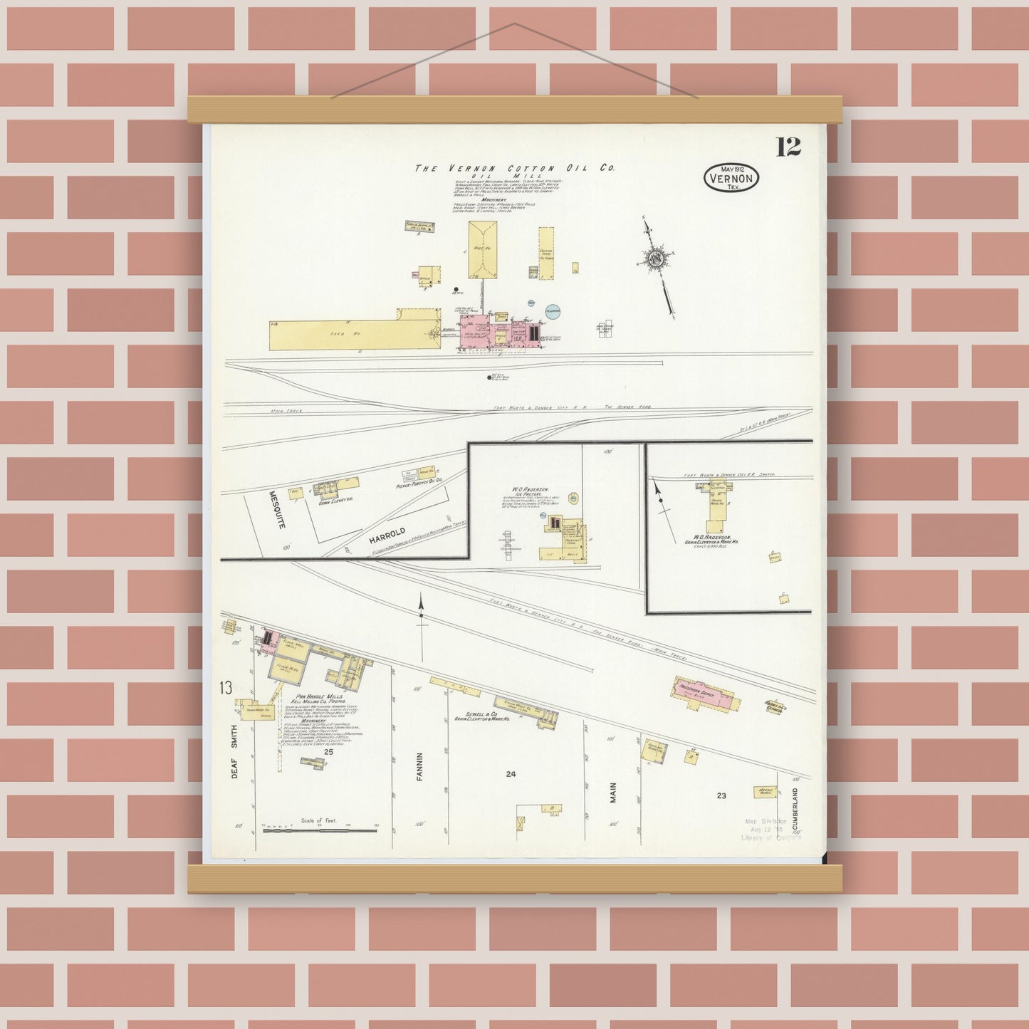 Old map wall art mockup — magnetic wood frame on brick wall — Sanborn Fire Insurance Map from Vernon, Wilbarger County, Texas (1912), Sheet #0012