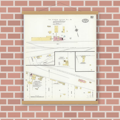 Old map wall art mockup — magnetic wood frame on brick wall — Sanborn Fire Insurance Map from Vernon, Wilbarger County, Texas (1912), Sheet #0012