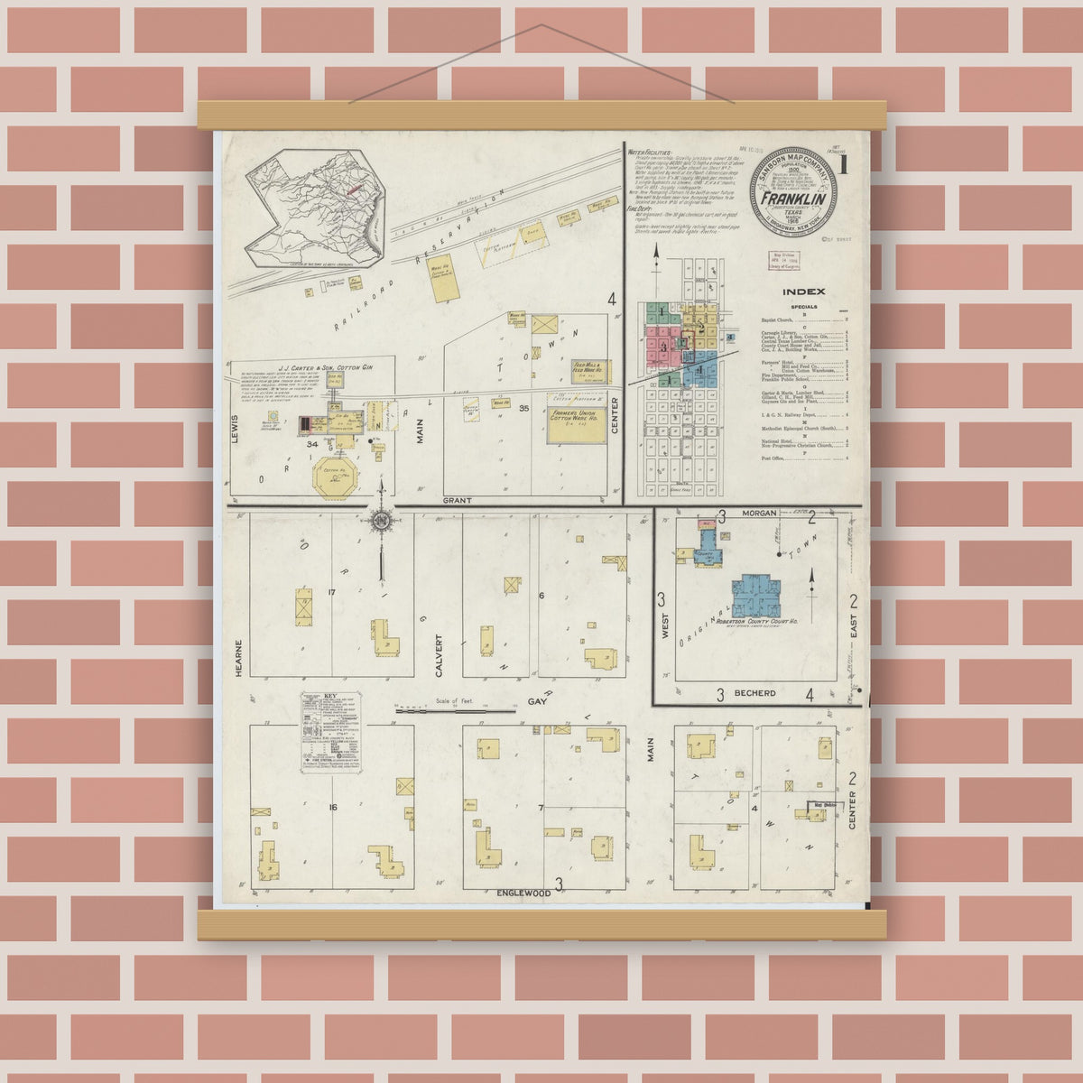 Old map wall art mockup — magnetic wood frame on brick wall — Sanborn Fire Insurance Map from Franklin, Robertson County, Texas (1916), Sheet #0001