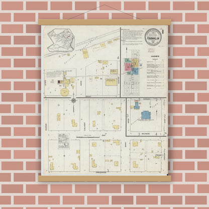 Old map wall art mockup — magnetic wood frame on brick wall — Sanborn Fire Insurance Map from Franklin, Robertson County, Texas (1916), Sheet #0001
