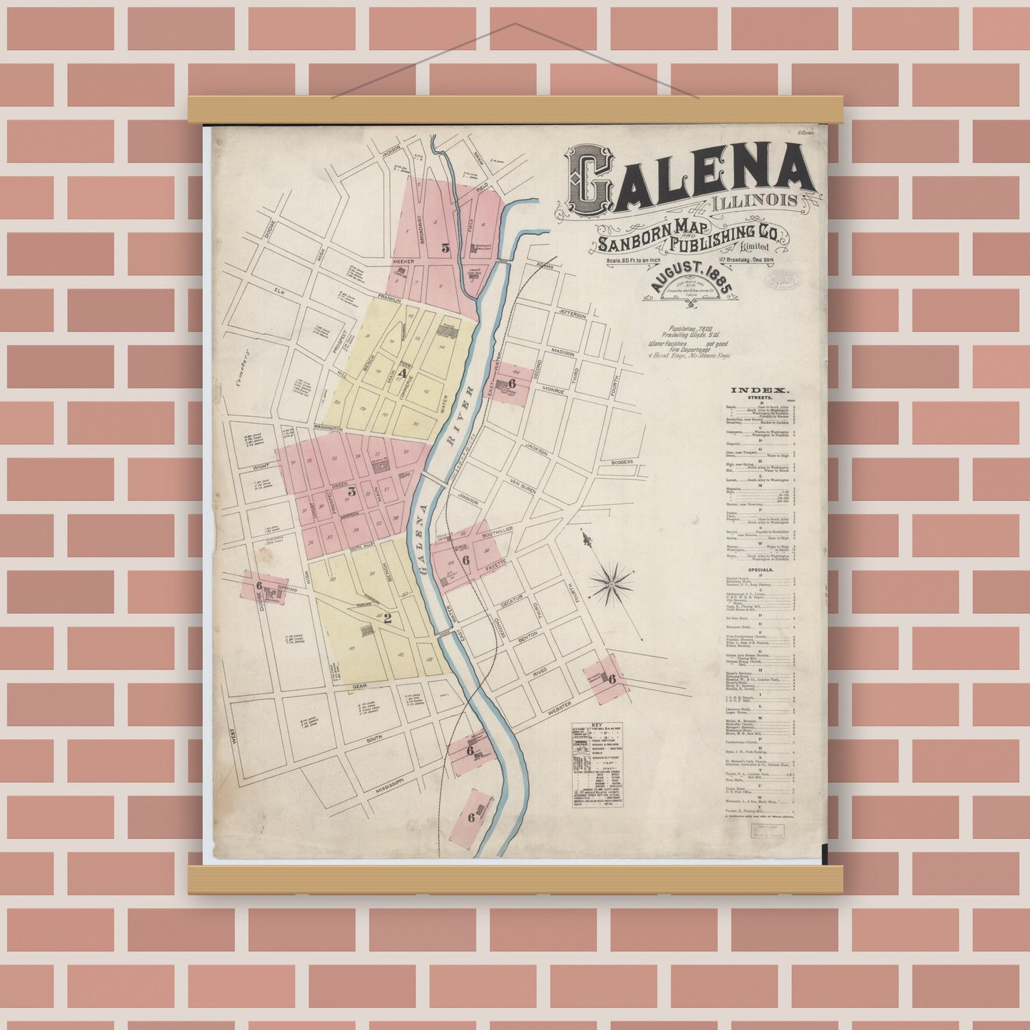 Old map wall art mockup — magnetic wood frame on brick wall — Sanborn Fire Insurance Map from Galena, Jo Daviess County, Illinois (1885), Sheet #0001