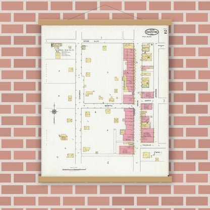 Old map wall art mockup — magnetic wood frame on brick wall — Sanborn Fire Insurance Map from Grapevine, Tarrant County, Texas (1921), Sheet #0002