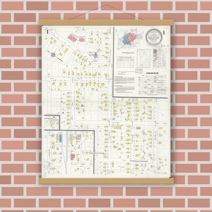 Old map wall art mockup — magnetic wood frame on brick wall — Sanborn Fire Insurance Map from Decatur, Van Buren County, Michigan (1933) - Complete Map Set