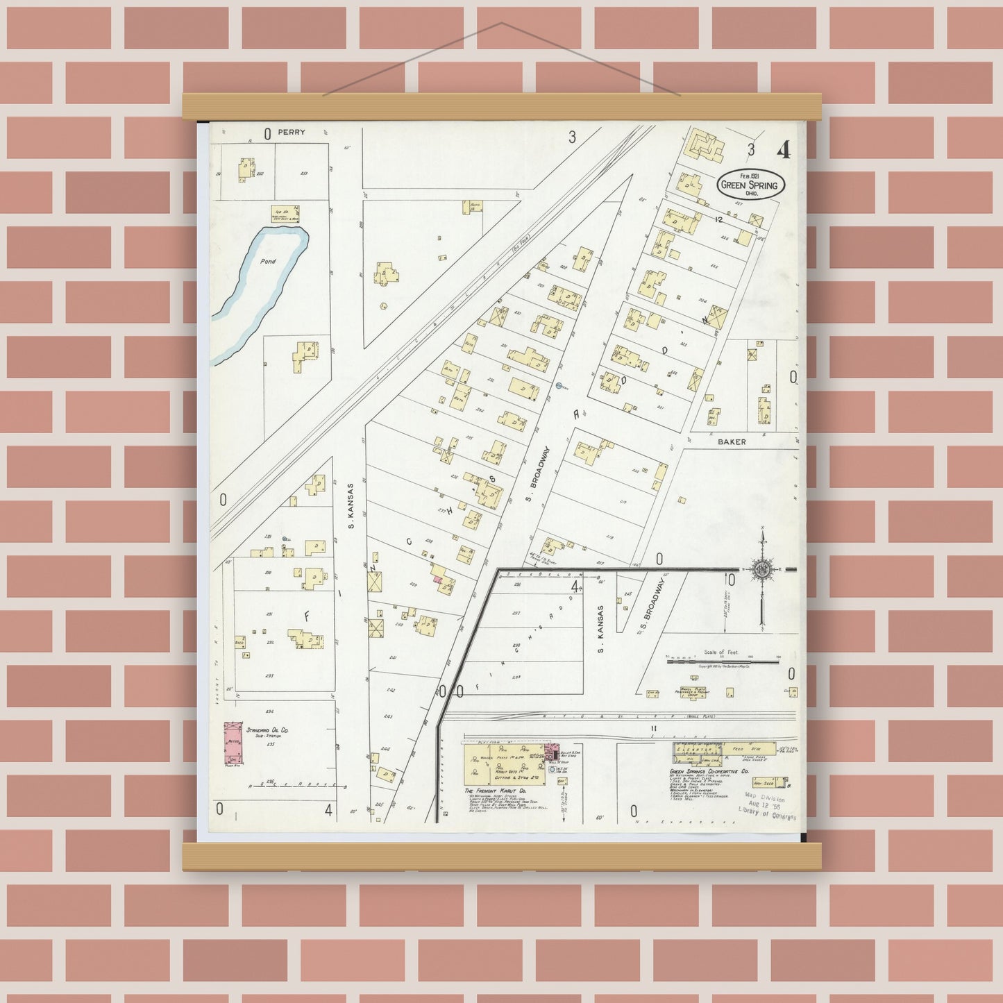 Old map wall art mockup — magnetic wood frame on brick wall — Sanborn Fire Insurance Map from Green Springs, Sandusky And Seneca Counties, Ohio (1921), Sheet #0004