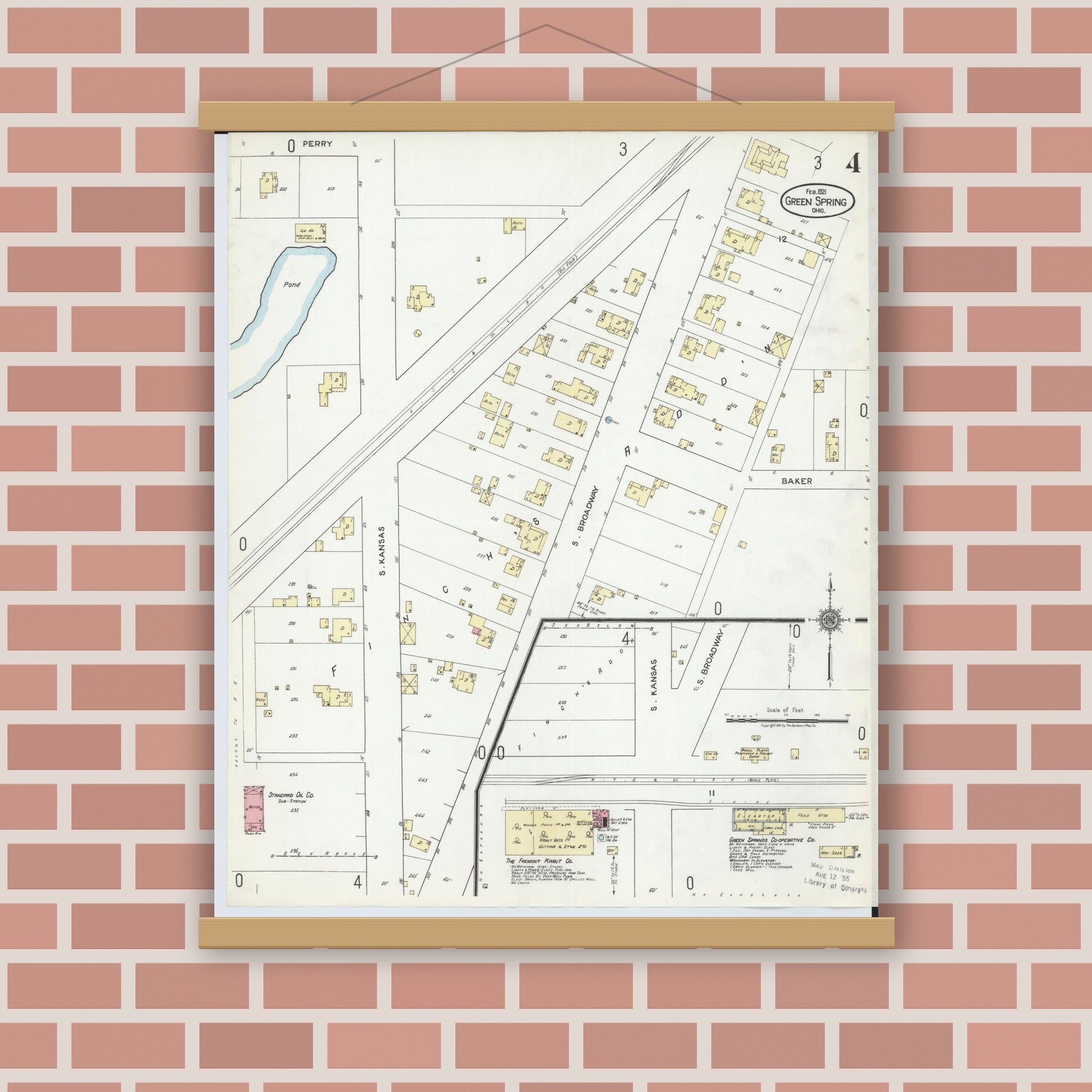 Old map wall art mockup — magnetic wood frame on brick wall — Sanborn Fire Insurance Map from Green Springs, Sandusky And Seneca Counties, Ohio (1921), Sheet #0004