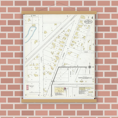 Old map wall art mockup — magnetic wood frame on brick wall — Sanborn Fire Insurance Map from Green Springs, Sandusky And Seneca Counties, Ohio (1921), Sheet #0004