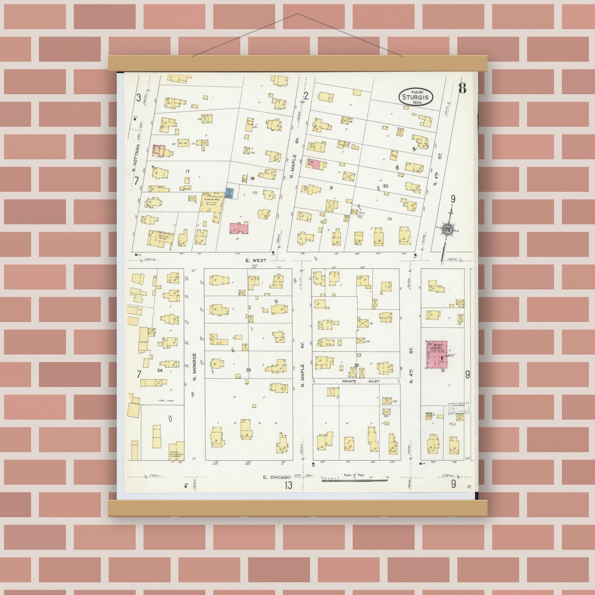 Old map wall art mockup — magnetic wood frame on brick wall — Sanborn Fire Insurance Map from Sturgis, Saint Joseph County, Michigan (1911), Sheet #0008
