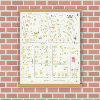 Old map wall art mockup — magnetic wood frame on brick wall — Sanborn Fire Insurance Map from Sturgis, Saint Joseph County, Michigan (1911), Sheet #0008