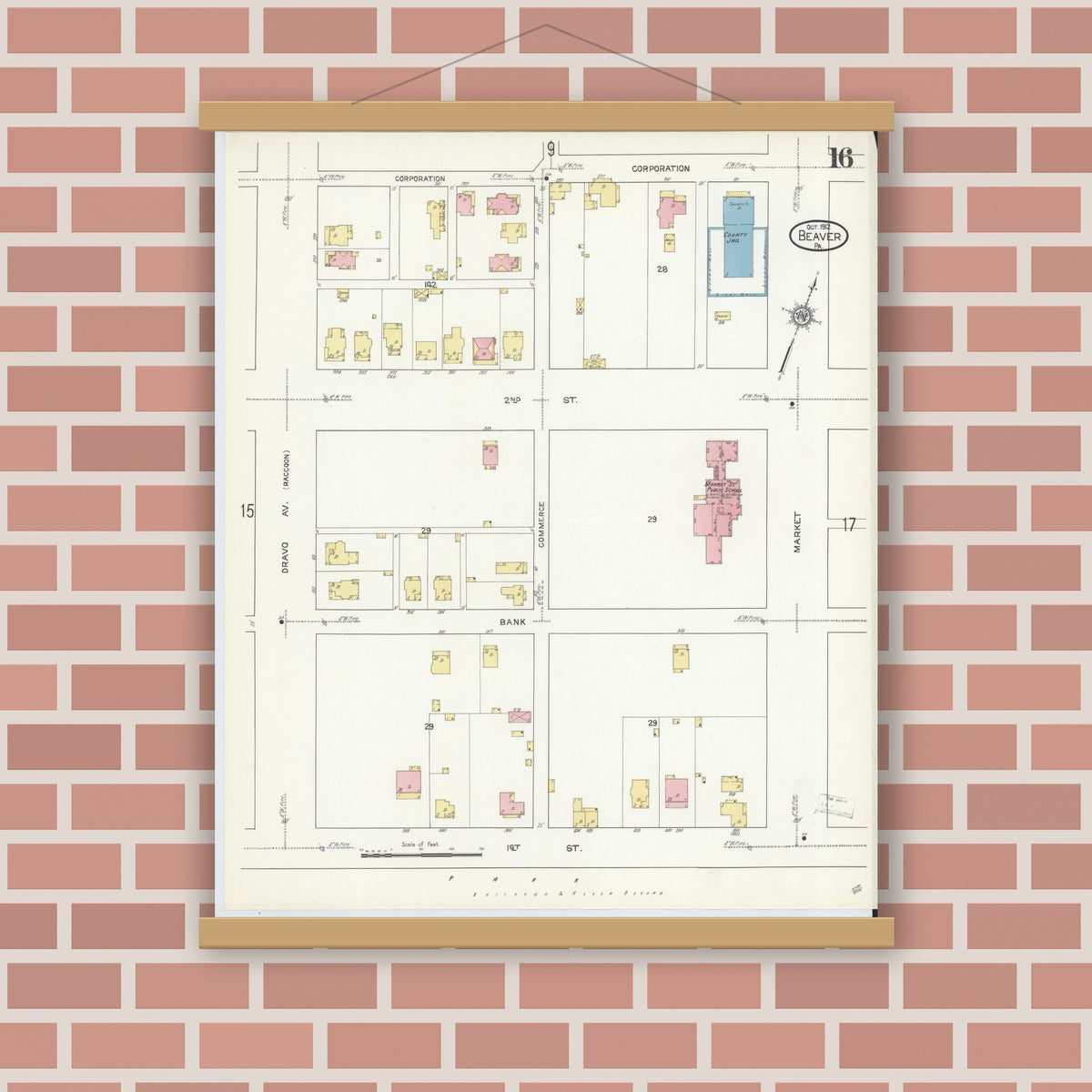 Old map wall art mockup — magnetic wood frame on brick wall — Sanborn Fire Insurance Map from Beaver, Beaver County, Pennsylvania (1912), Sheet #0016