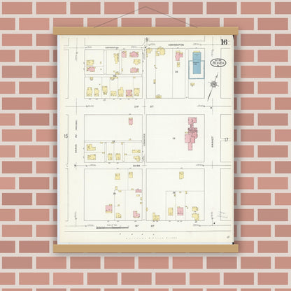 Old map wall art mockup — magnetic wood frame on brick wall — Sanborn Fire Insurance Map from Beaver, Beaver County, Pennsylvania (1912), Sheet #0016
