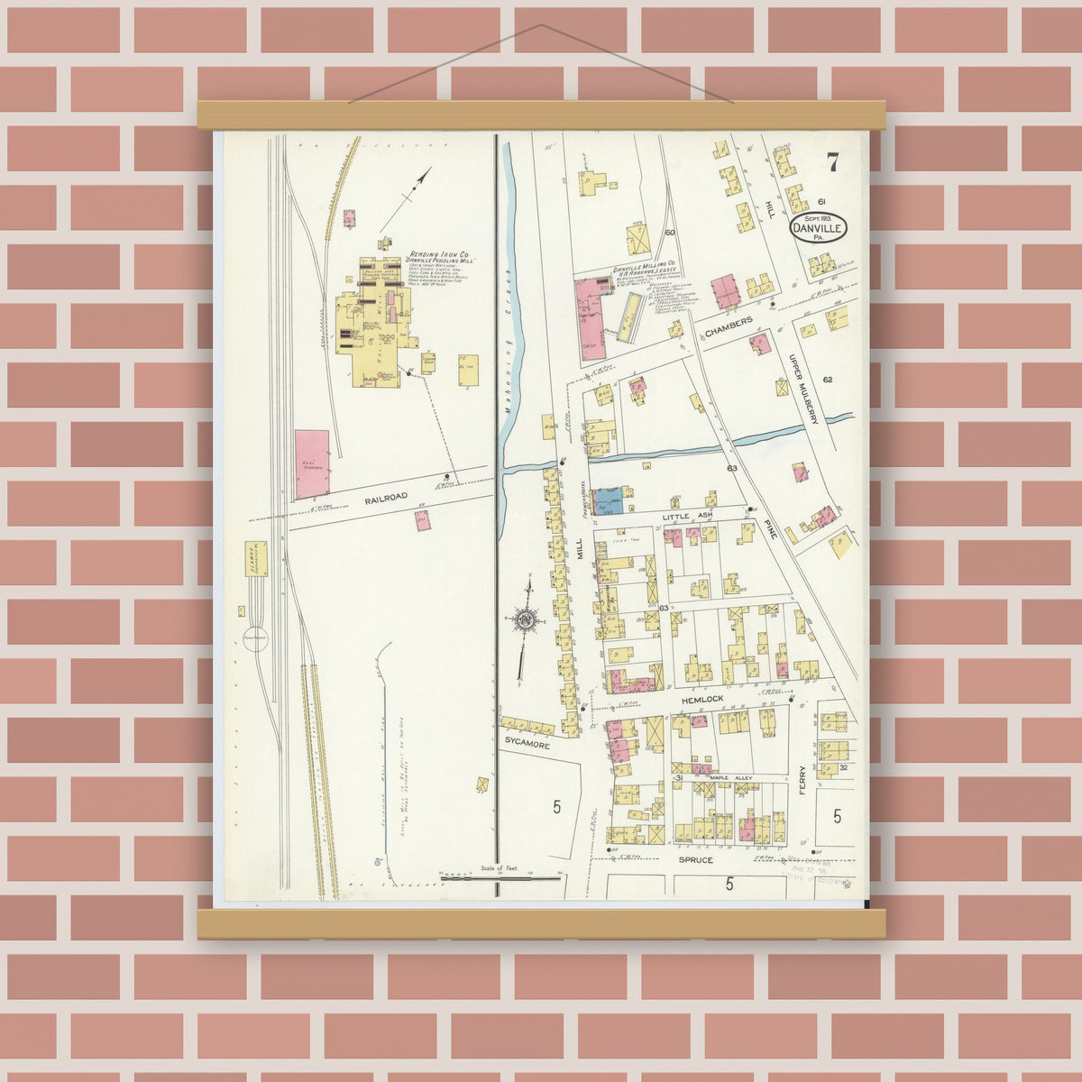 Old map wall art mockup — magnetic wood frame on brick wall — Sanborn Fire Insurance Map from Danville, Montour County, Pennsylvania (1913), Sheet #0007