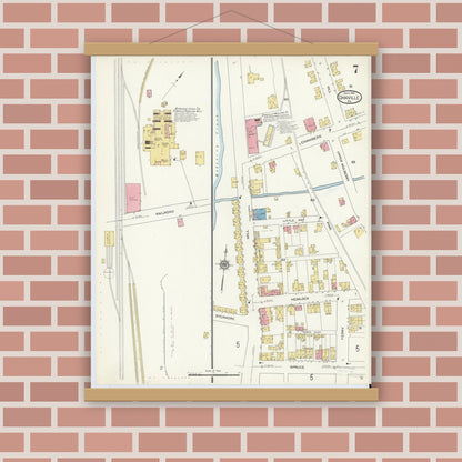 Old map wall art mockup — magnetic wood frame on brick wall — Sanborn Fire Insurance Map from Danville, Montour County, Pennsylvania (1913), Sheet #0007