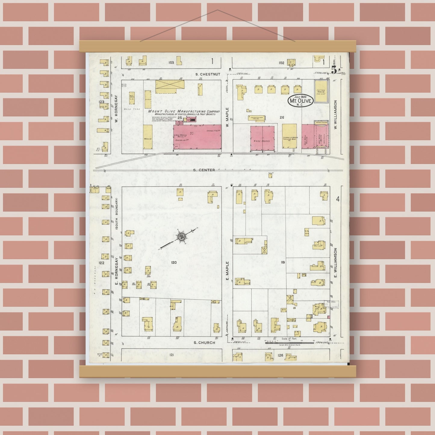 Old map wall art mockup — magnetic wood frame on brick wall — Sanborn Fire Insurance Map from Mount Olive, Wayne County, North Carolina (1920), Sheet #0005
