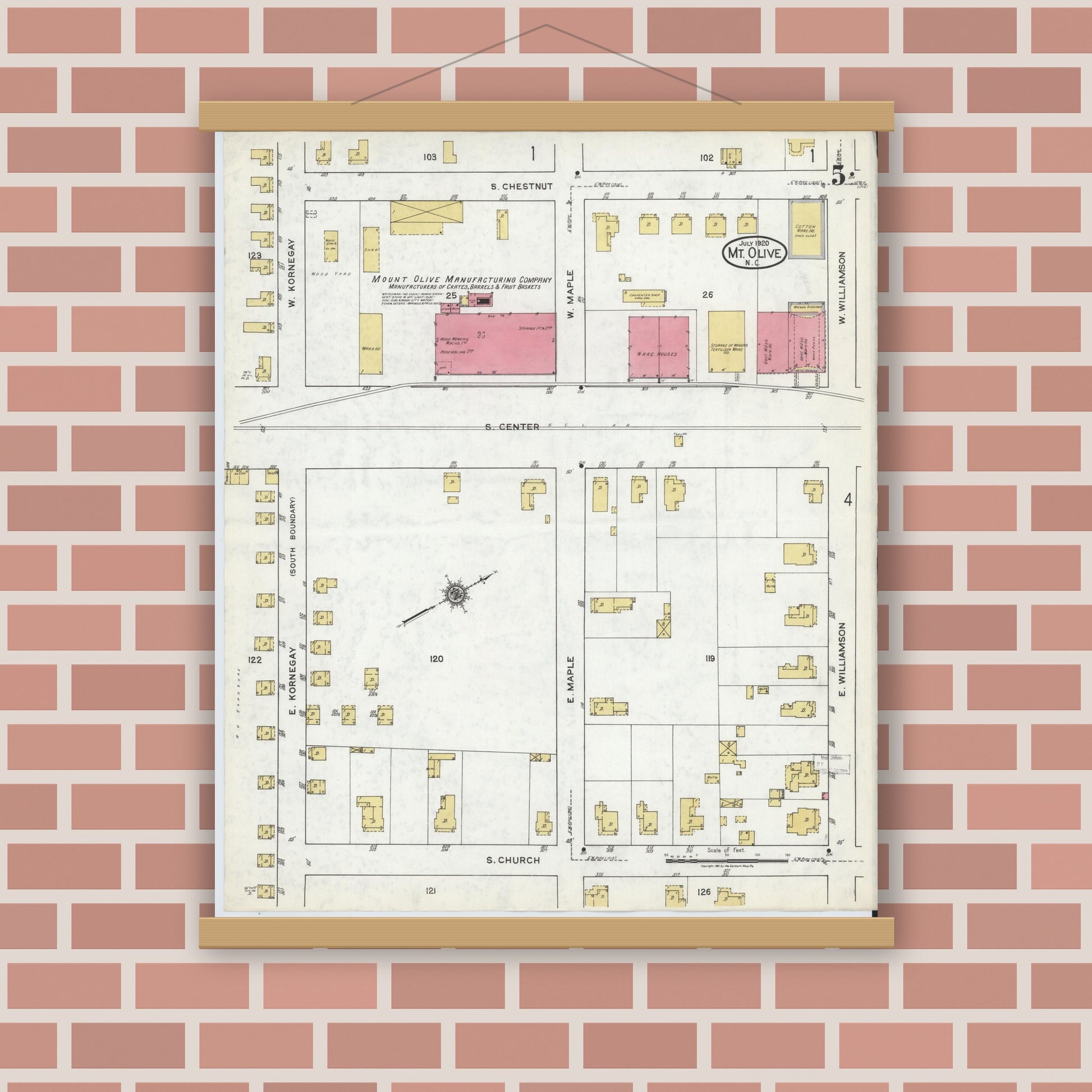 Old map wall art mockup — magnetic wood frame on brick wall — Sanborn Fire Insurance Map from Mount Olive, Wayne County, North Carolina (1920), Sheet #0005