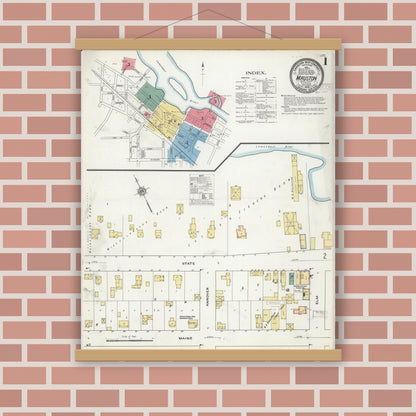 Old map wall art mockup — magnetic wood frame on brick wall — Sanborn Fire Insurance Map from Mauston, Juneau County, Wisconsin (1909), Sheet #0001